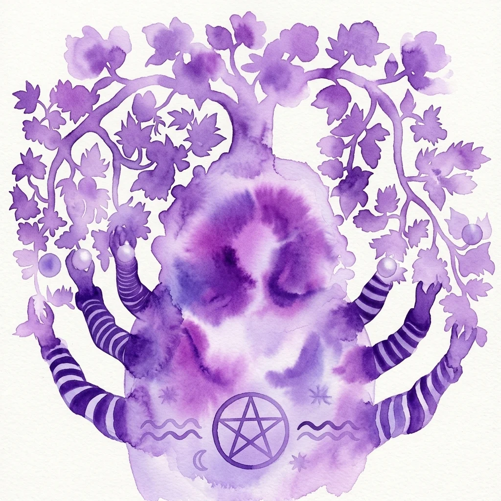 Una obra de arte en acuarela púrpura que representa una figura central con múltiples brazos sosteniendo orbes, rodeada por un árbol frondoso, con símbolos que incluyen un pentagrama, la luna y las estrellas.