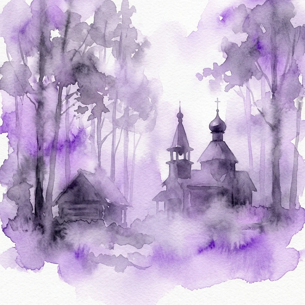 A watercolor painting of a traditional Ukrainian church with onion domes nestled among misty purple and gray trees in the Polissia region.