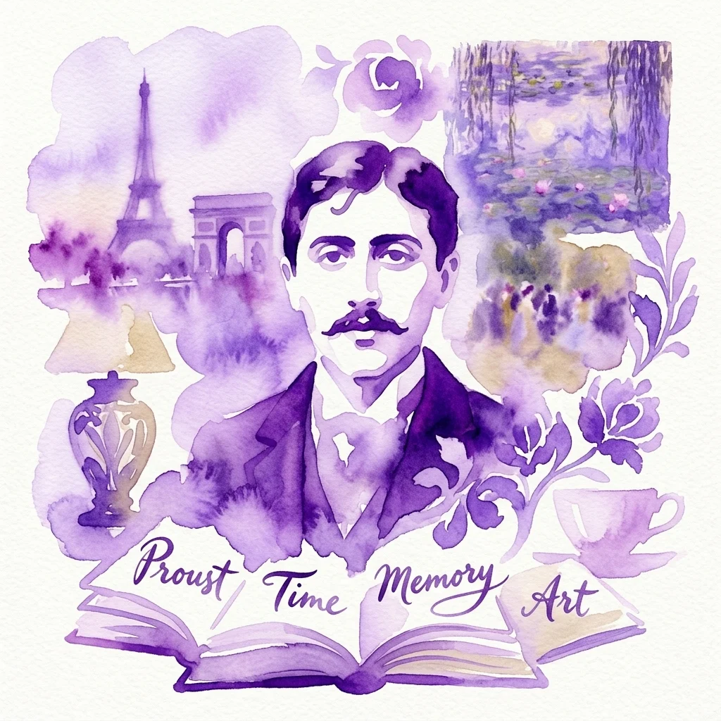 Ilustración en acuarela de Marcel Proust con la Torre Eiffel, el Arco del Triunfo y los nenúfares de Monet, rodeada de motivos florales y un libro abierto con el texto 'Proust Time Memory Art'.