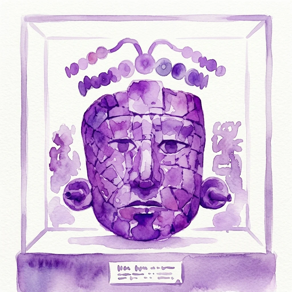 Ilustracja akwarelowa przedstawiająca maskę pogrzebową Majów, prawdopodobnie reprezentującą Señora Tz'aka'ab Ajaw, Czerwoną Królową Palenque, wystawioną w gablocie muzealnej w odcieniach fioletu.