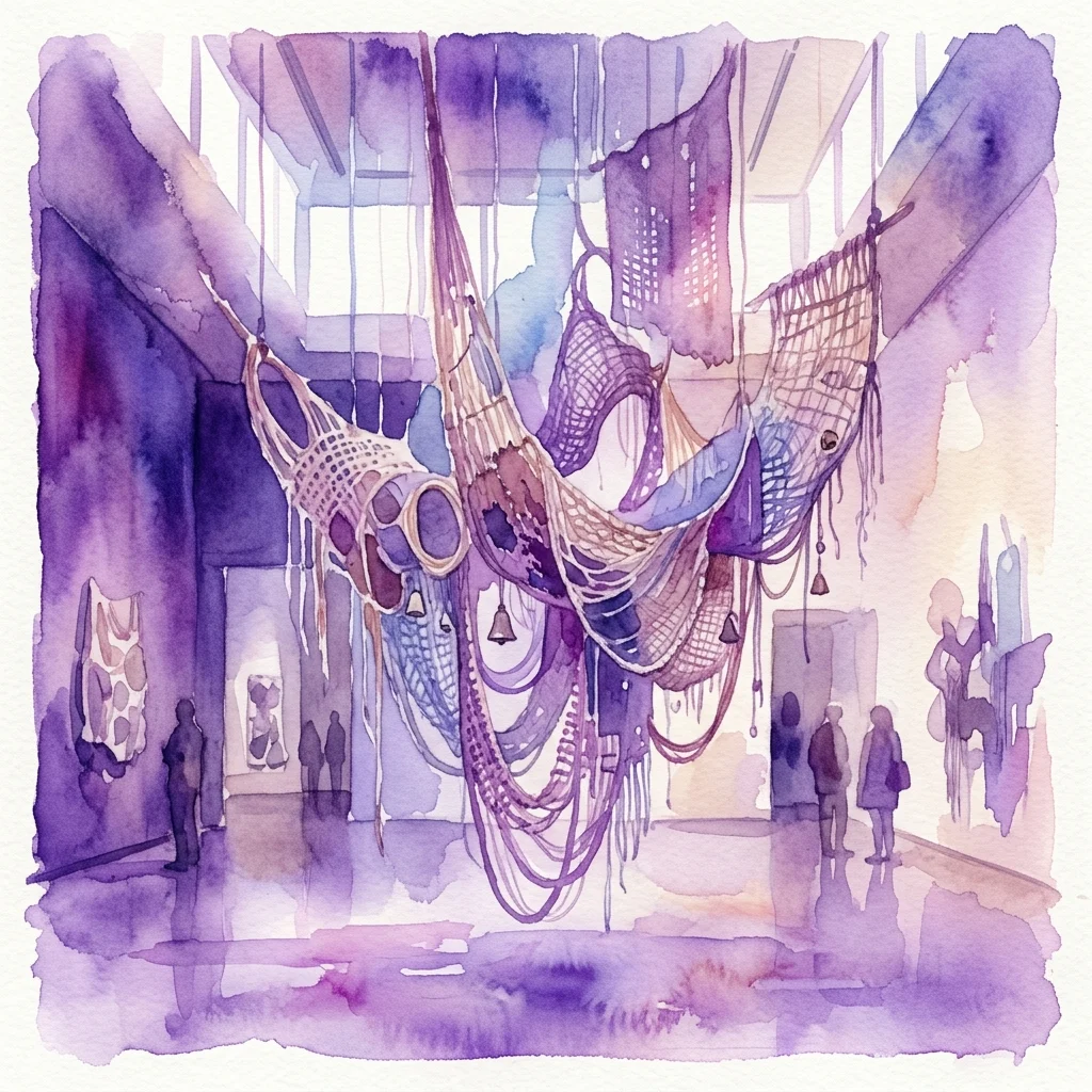 Ilustracja akwarelowa instalacji dźwiękowej Tarka Atoui „At-Tāriq” w galerii muzealnej, przedstawiająca zawieszone tkane tekstylia i organiczne materiały w kontemplacyjnej palecie fioletu i błękitu.
