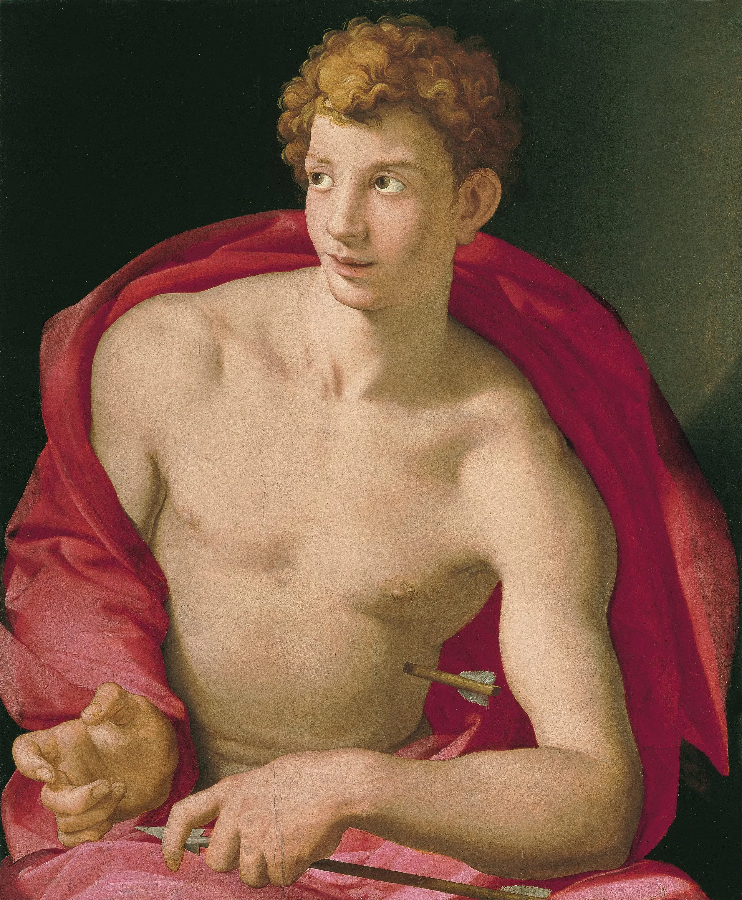 Een schilderij van een jonge man met krullend rood haar, gehuld in een rode doek, die een pijl en boog vasthoudt.