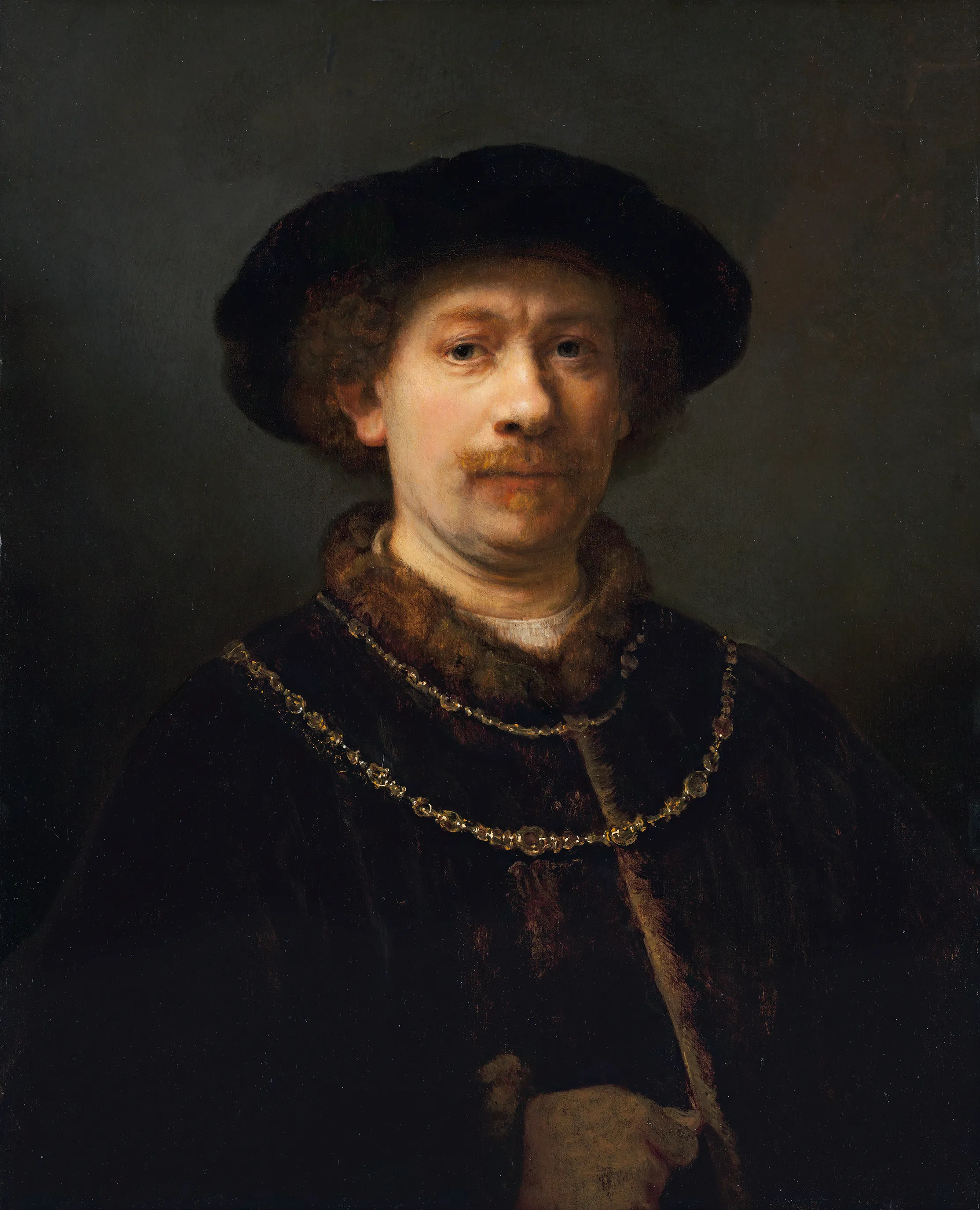 Zelfportret van Rembrandt Harmensz. van Rijn met zwarte hoed, bontkraag en gouden ketting