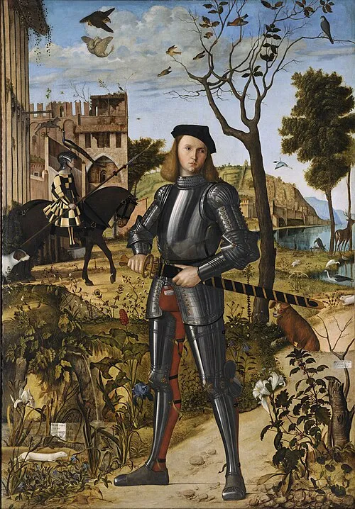 Een schilderij van een man in harnas, staande in een landschap met een ridder te paard en vogels in de lucht