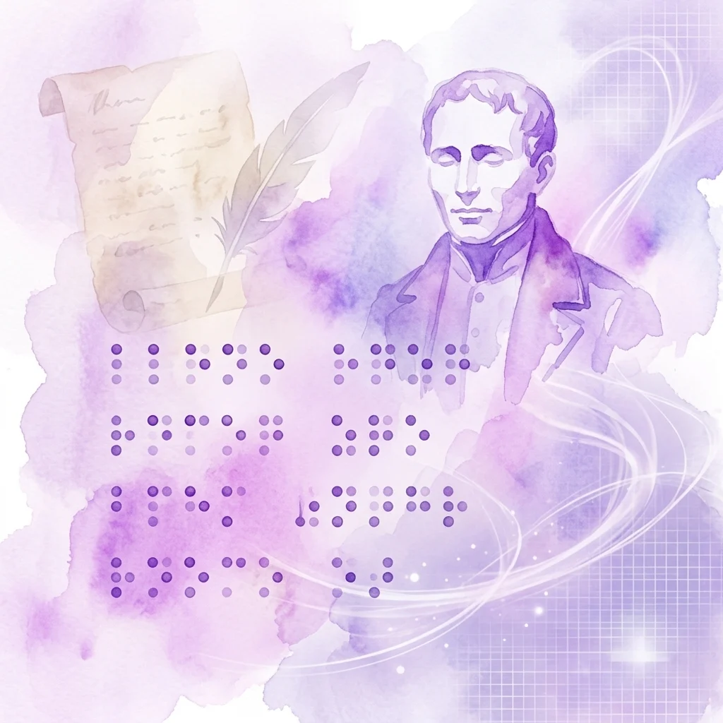 Ilustracja akwarelowa Louisa Braille'a z zwojem i piórem, na którą nałożono kropki Braille'a, upamiętniająca 200. rocznicę systemu Braille'a.