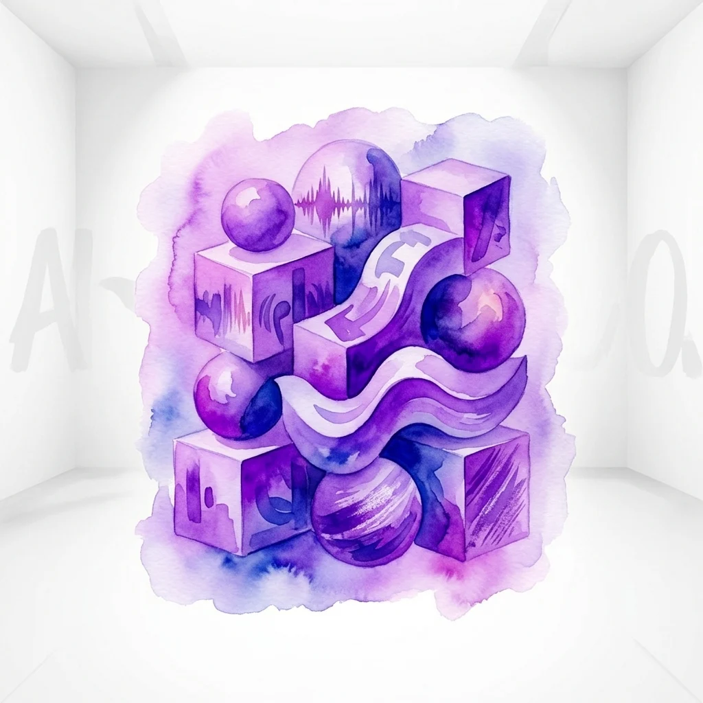 A vibrant purple and blue watercolor sculpture featuring geometric shapes, spheres, and sound wave patterns, representing the fusion of sound, word, and matter in Ana Benegas' 'En lo Eterno' exhibition.