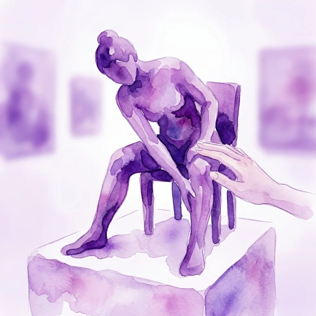 A purple watercolor illustration of a tactile sculpture depicting a seated figure, with a hand reaching out to touch it, displayed in a museum gallery.