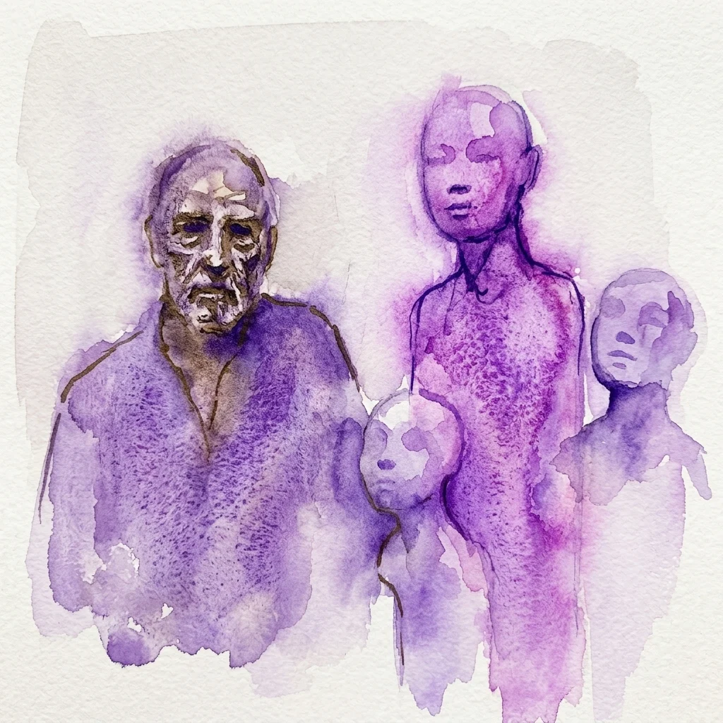 A watercolor artwork depicting three figures in purple and brown tones, representing themes of dreams and reality from Antonio Madueño de Castro's exhibition.