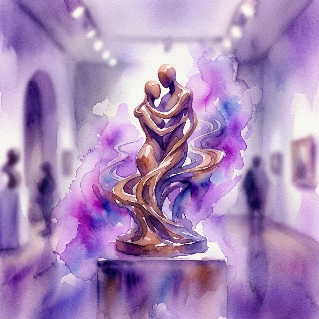Brązowa rzeźba Antonio Valle Martína zatytułowana „Recuerdos” (Wspomnienia), przedstawiająca splecione w uścisku abstrakcyjne postacie, wystawiona w galerii muzealnej z miękkim oświetleniem i fioletowymi efektami akwareli.