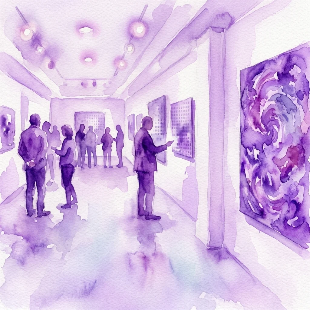 Ilustración en acuarela de visitantes en una galería de arte moderna, contemplando pinturas abstractas en un espacio de exposición teñido de púrpura.