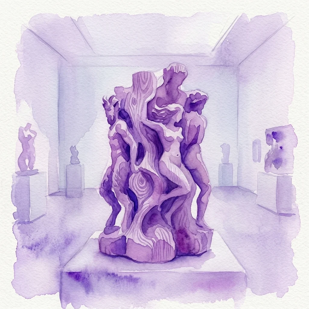 Ilustracja współczesnej drewnianej rzeźby autorstwa Césara Osorio, przedstawiająca splecione postacie mitologiczne w galerii muzealnej, wykonana w technice akwareli.