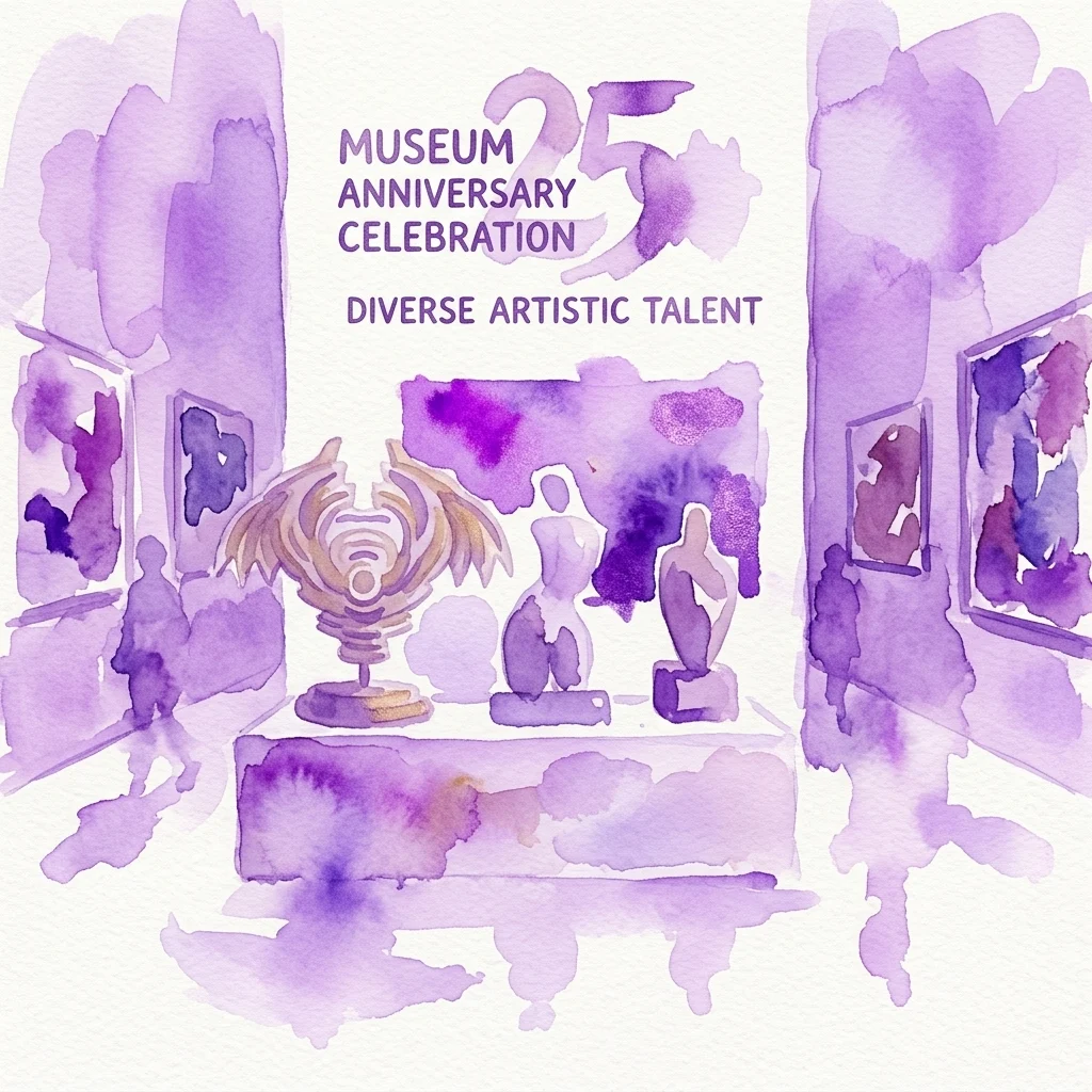 Ilustracja akwarelowa galerii sztuki z rzeźbami i obrazami, celebrująca 25. rocznicę muzeum z różnorodnymi talentami artystycznymi.