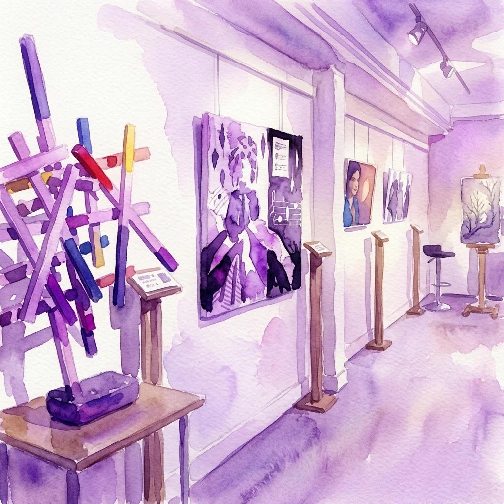 Ilustracja akwarelowa galerii wystawy sztuki z fioletowymi ścianami, prezentująca różnorodne dzieła, w tym obrazy, rzeźby i prace multimedialne, z okazji 25. rocznicy Muzeum Tiflologicznego.