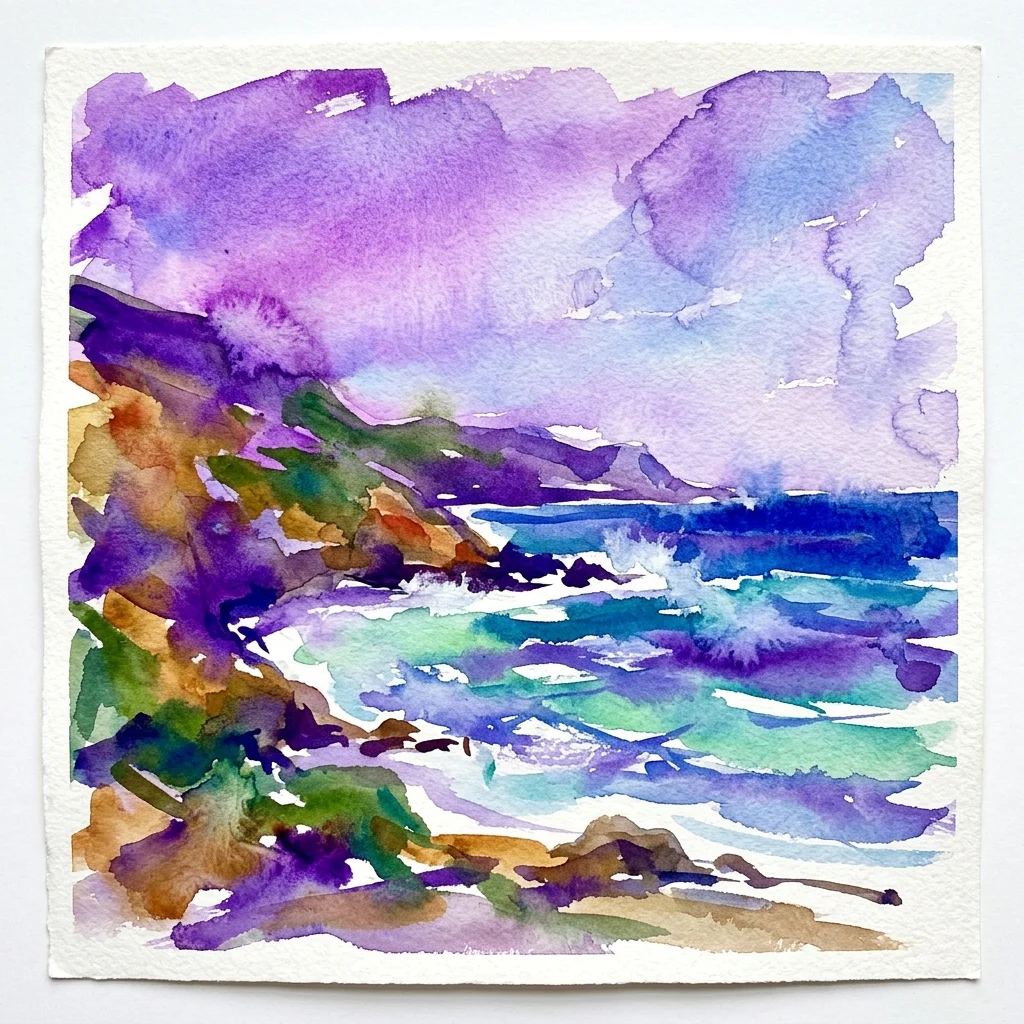 Una vibrante pintura de acuarela de un paisaje costero con audaces tonos azules, púrpuras, verdes y terrosos, que representa el mar y los acantilados en un estilo expresivo y dinámico.