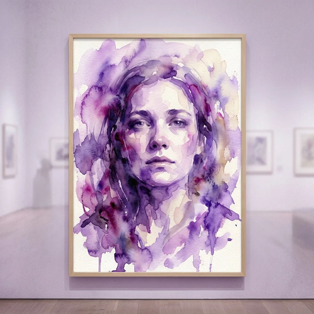 Een aquarel portretschilderij van Eduardo Matute, met het gezicht van een vrouw in paarse en witte tinten, tentoongesteld in een galerie.