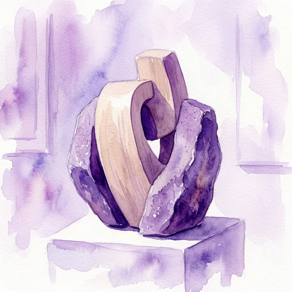 Een aquarelillustratie van een tactiel sculptuur van Emilio Sánchez, met steen- en houtaccenten, tentoongesteld in een galerie.