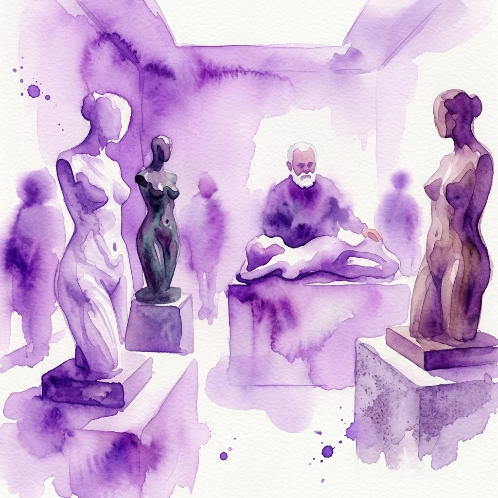 Ilustracja akwarelowa wystawy sztuki prezentującej rzeźby Enrique Cabildo, w tym figury z marmuru, brązu i drewna, z centralną postacią siedzącą otoczoną rzeźbami o ludzkich formach.