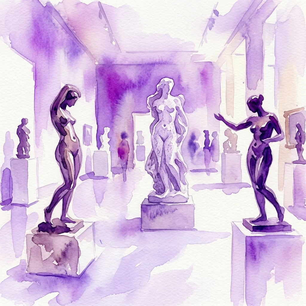Ilustracja akwarelowa galerii muzealnej prezentującej rzeźby ludzkiej postaci z brązu i kamienia, ustawione na postumentach, nawiązujące do klasycznej, a zarazem nowoczesnej wrażliwości artystycznej.