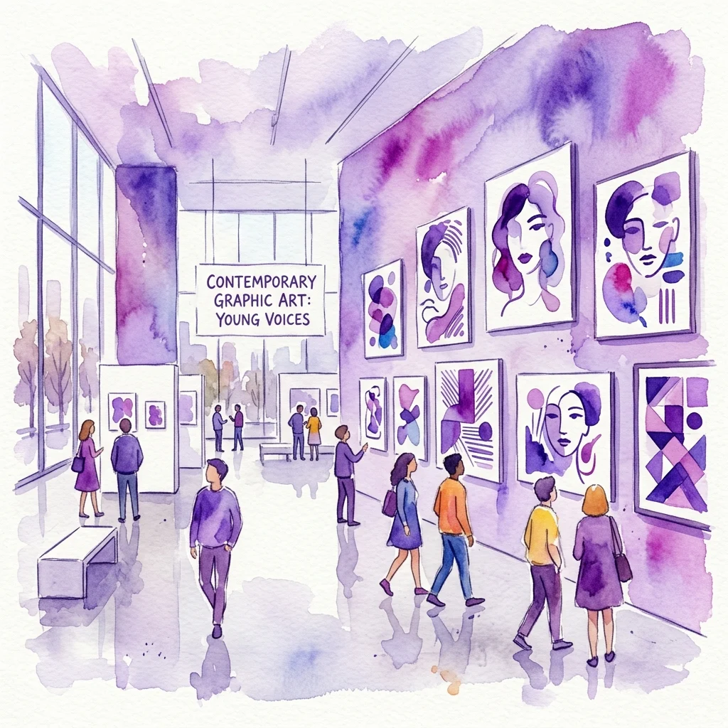 Ilustracja akwarelowa współczesnej galerii sztuki z odwiedzającymi oglądającymi grafiki młodych artystów, przedstawiająca portrety i abstrakcyjne projekty w odcieniach fioletu.
