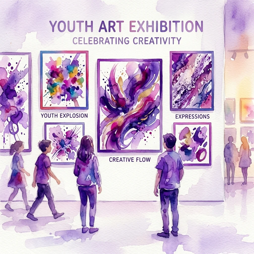 Waterverfillustratie van een jeugd kunstenexpositie met abstracte schilderijen met levendige paarse en kleurrijke spatten, getiteld 'Youth Explosion', 'Creative Flow' en 'Expressions', met bezoekers die de kunstwerken bekijken.