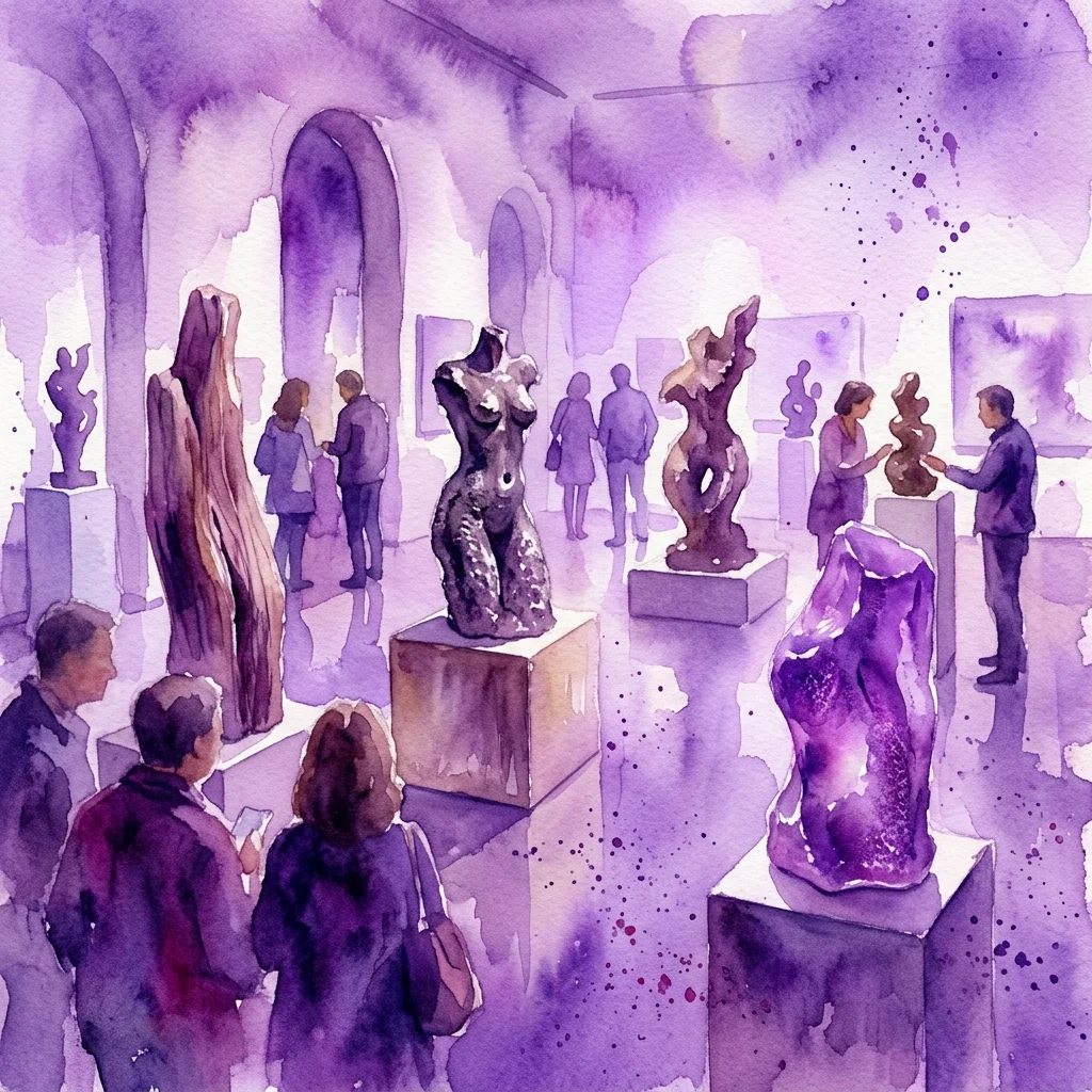 Ilustracja akwarelowa wystawy „Paradas en el camino” Fátimy Cortés, prezentująca dotykowe rzeźby wykonane z drewna, brązu i żywicy, wystawione w galerii, gdzie odwiedzający odkrywają dzieła sztuki w miękkim fioletowym świetle.