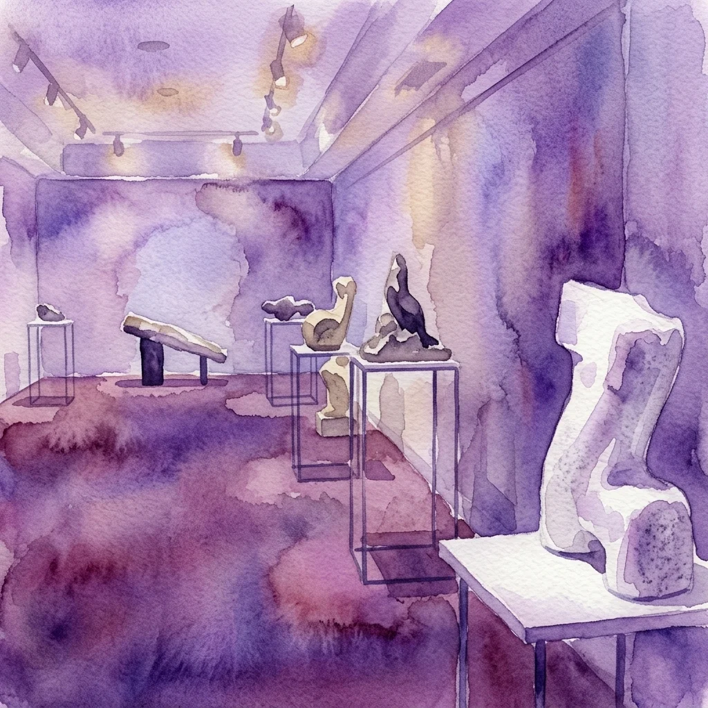 Ilustración en acuarela de una galería de museo que presenta esculturas de piedra contemporáneas en exhibición, con formas abstractas y figurativas bajo una suave iluminación de galería.