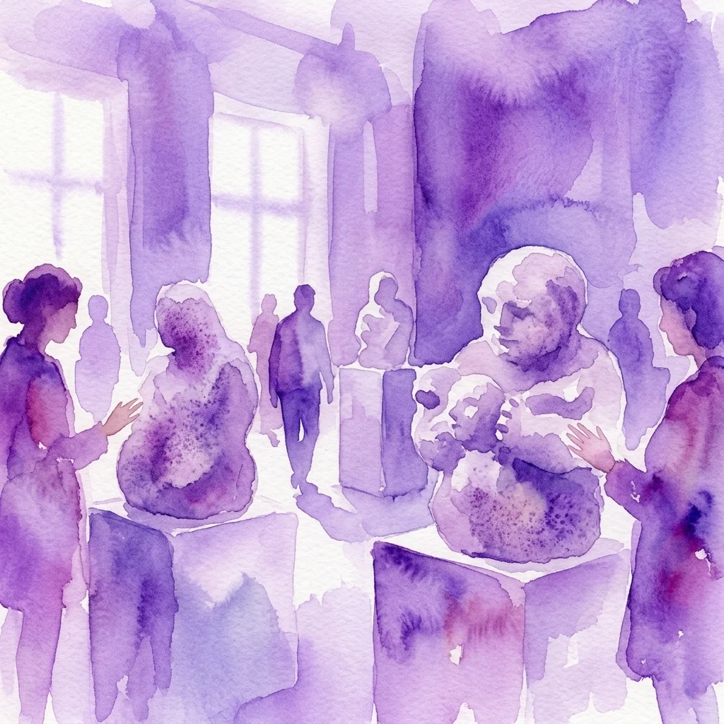 Waterverfillustratie van bezoekers die stenen sculpturen verkennen in een museumgalerie, met tactiele kunst uit de tentoonstelling 'Poesías en piedra' van Francisca Llabrés.