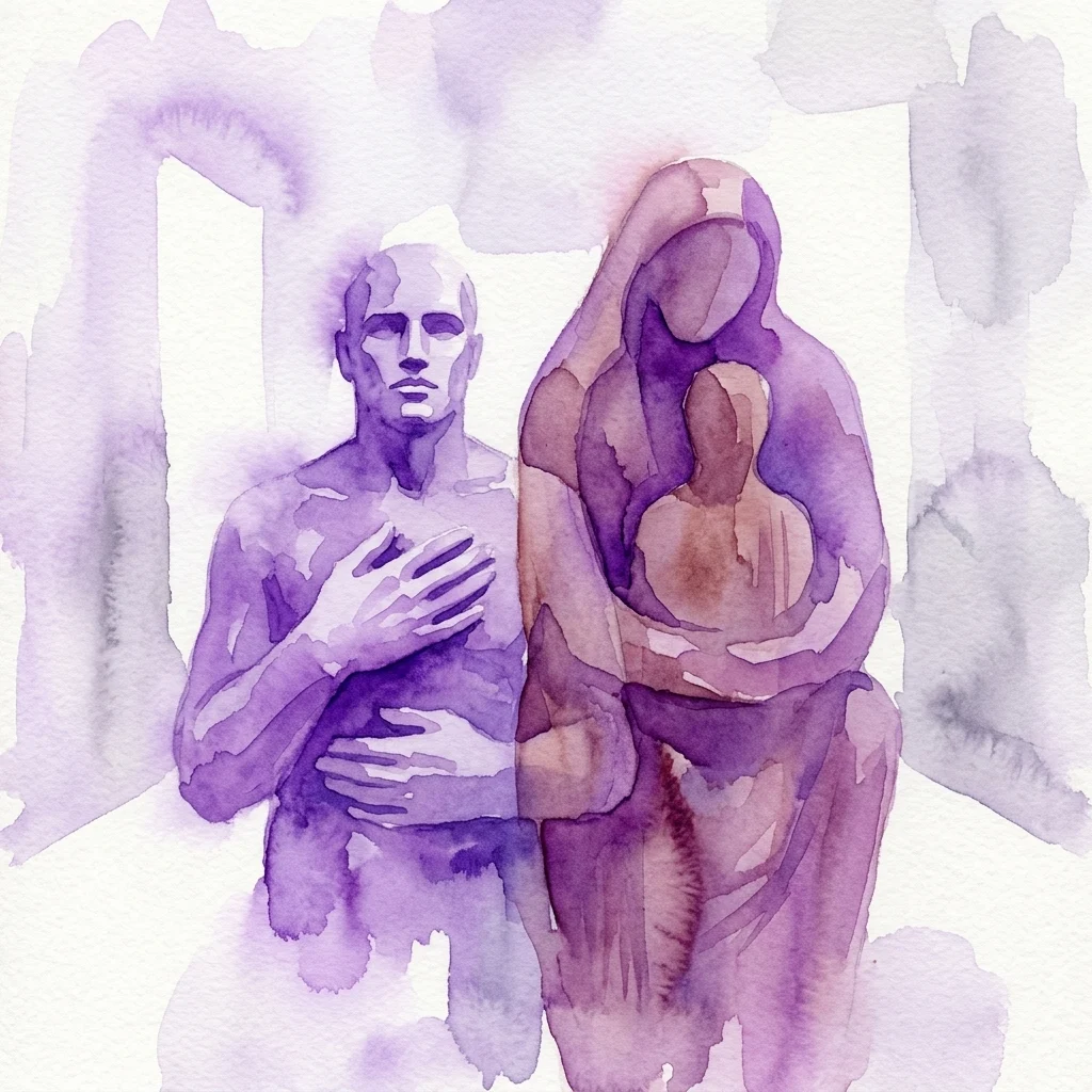 Paarse aquarelillustratie van twee abstracte menselijke figuren, een man en een vrouw die een kind vasthouden, in een minimalistische hedendaagse kunststijl.