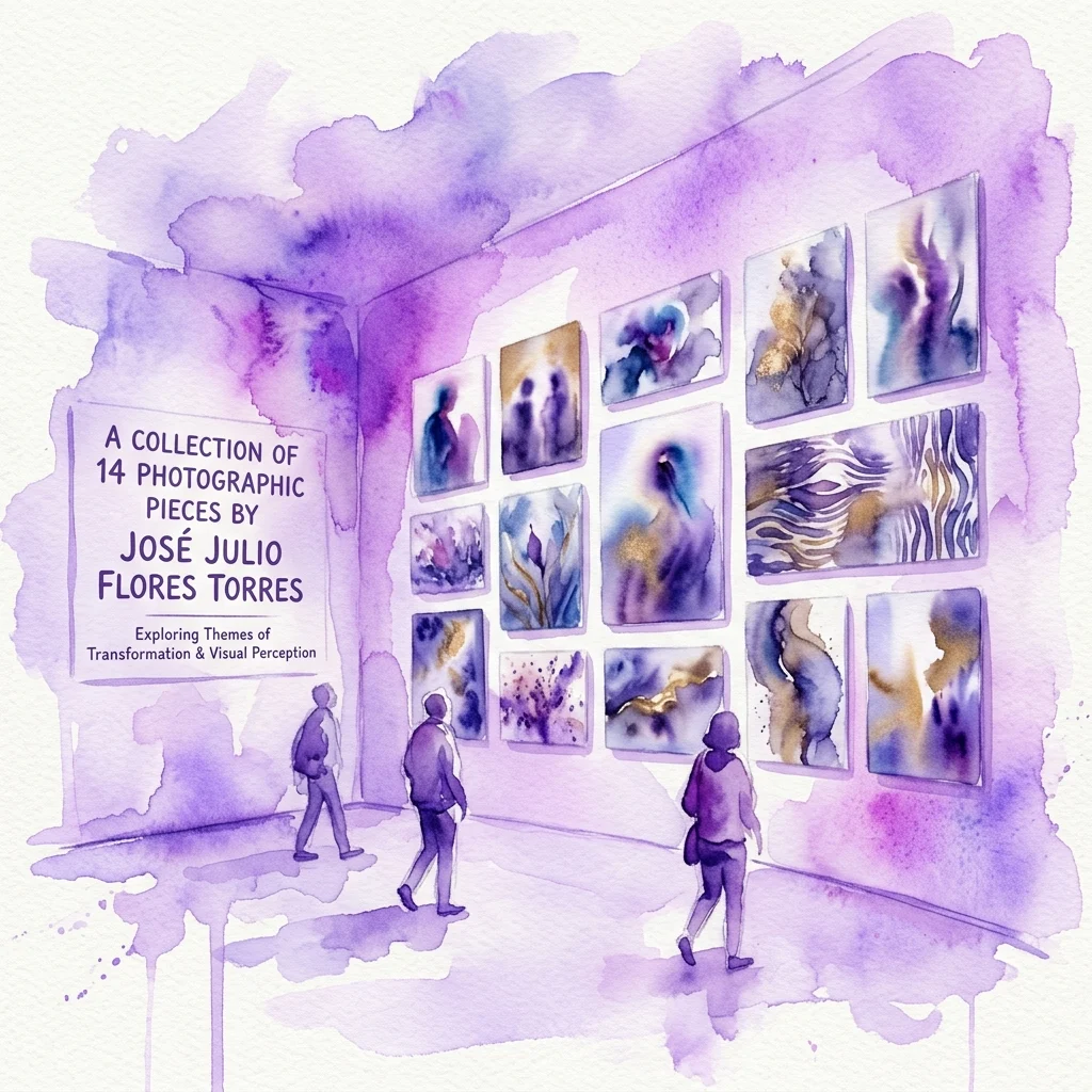 Ilustracja akwarelowa przedstawiająca galerię muzealną z 14 pracami fotograficznymi autorstwa José Julio Floresa Torresa, eksplorującą tematy transformacji i percepcji wizualnej, z odwiedzającymi oglądającymi dzieła sztuki.