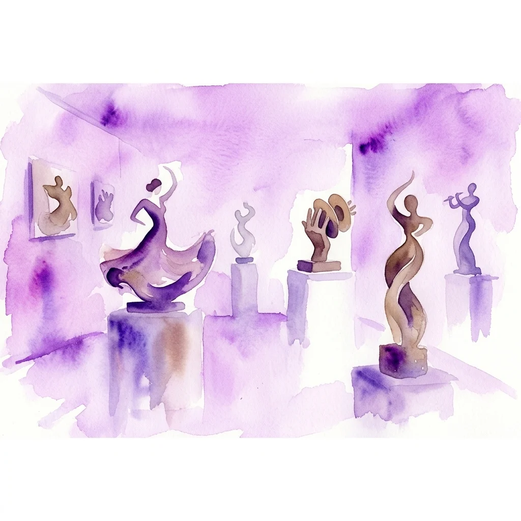 Ilustración en acuarela de una exposición de arte contemporáneo con esculturas abstractas inspiradas en la danza flamenca, expuestas en una galería con iluminación púrpura.