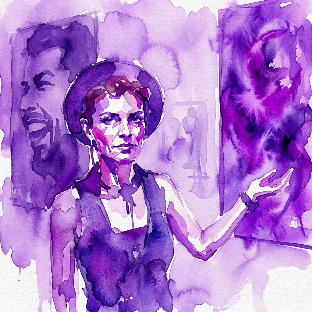 Wibrujący fioletowy portret akwarelowy artystki Kelly Arrontes, ukazujący jej ekspresyjny styl z odważnymi pociągnięciami pędzla i emocjonalną głębią, umieszczony w przestrzeni wystawienniczej galerii.