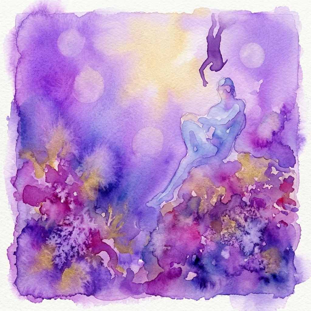 Watercolor artwork depicting two figures underwater in a purple and blue aquatic scene with light filtering from above.