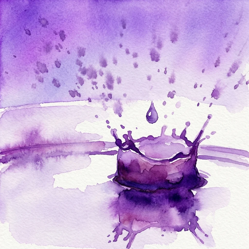 Una acuarela de una gota de líquido morado salpicando en una taza, creando un chapoteo con forma de corona sobre un suave fondo morado.