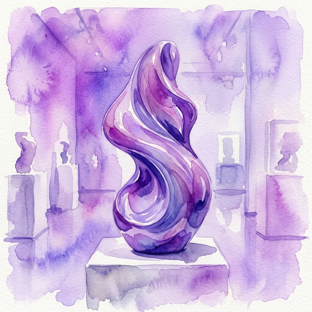 Aquarelowa interpretacja polerowanej kamiennej rzeźby autorstwa Maríi José Cabrerizo, przedstawiająca płynne, fioletowo-białe wiry, które zmieniają się w zależności od światła, prezentowana w galerii muzealnej.