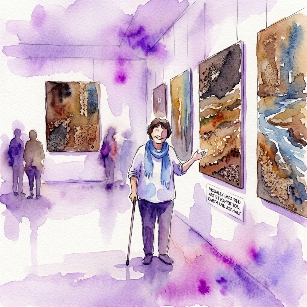 A watercolor illustration of a visually impaired artist with a cane, smiling and gesturing towards her artwork in a gallery. The exhibition features paintings with earthy tones and textures, themed around asphalt, earth, and water.