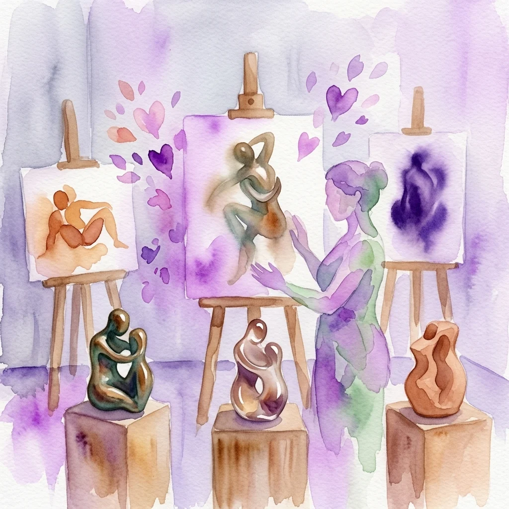 Ilustración en acuarela de una exposición de arte multisensorial con esculturas de bronce, resina y terracota sobre pedestales, con pinturas en caballetes y una figura interactuando con la obra de arte, evocando temas de vida y emoción.