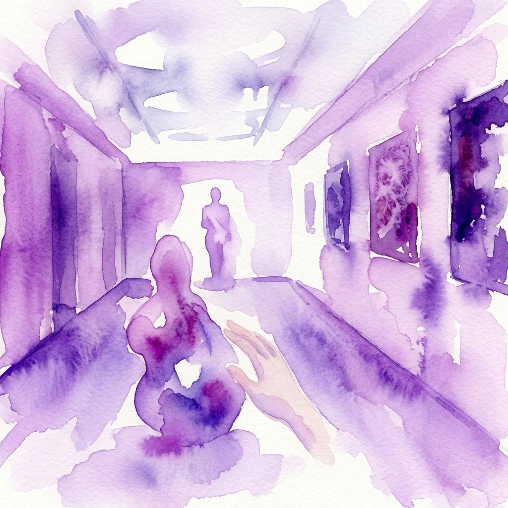 A watercolor illustration of a gallery hallway with purple hues, featuring a visitor's hand reaching toward a sculpture and artworks on the walls, representing the ONCE formas de expresión exhibition.