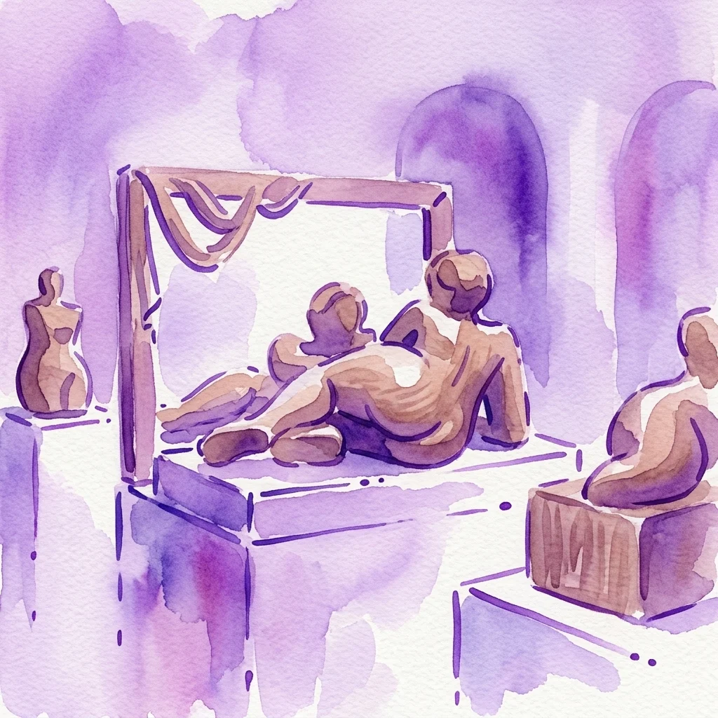 Ilustracja akwarelowa drewnianych rzeźb przedstawiających kobiecą formę, prezentowanych w muzeum przy miękkim fioletowym oświetleniu.