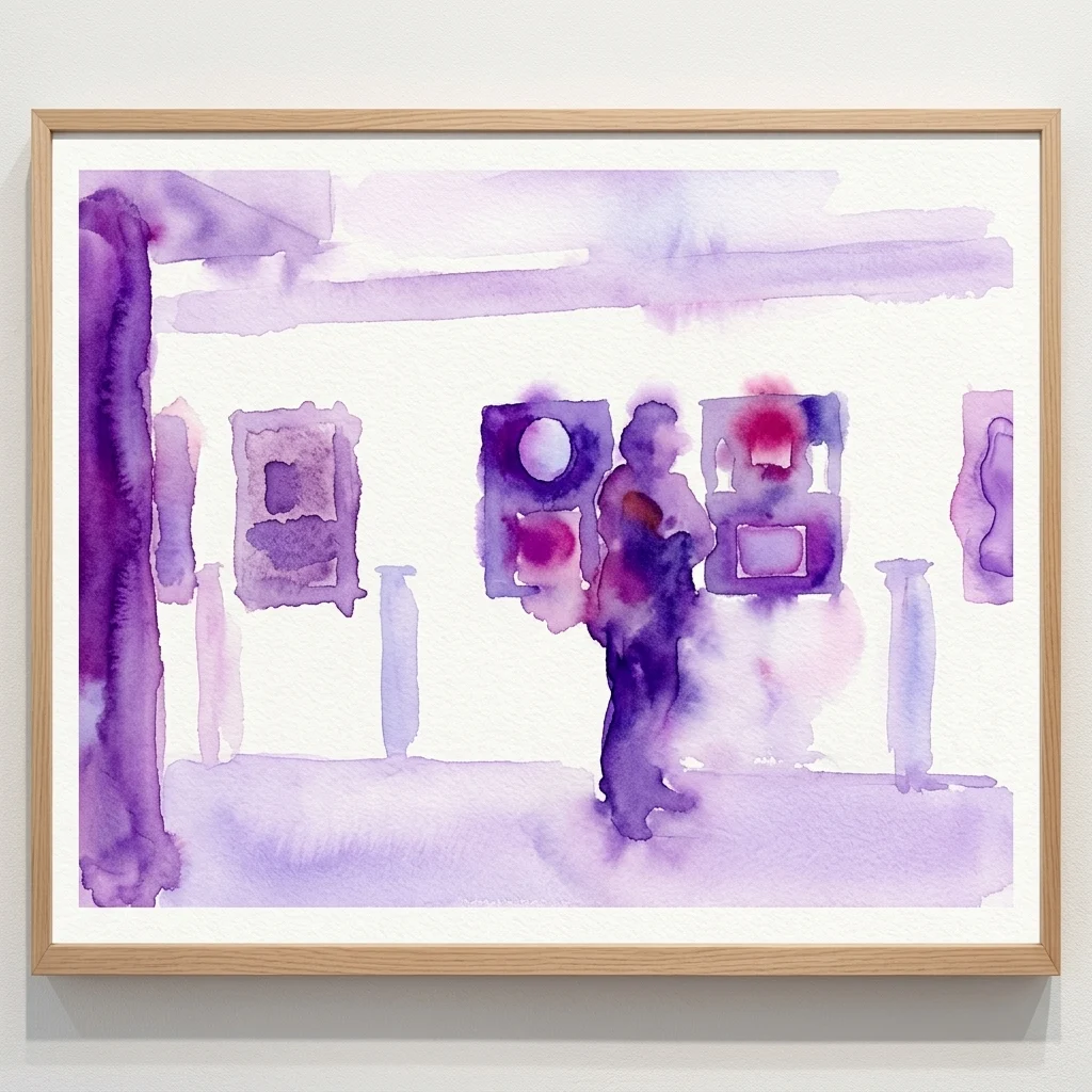 Una pintura de acuarela en un marco de madera clara que representa una escena de galería abstracta con tonos púrpuras y blancos, con siluetas de visitantes y obras de arte en exhibición.