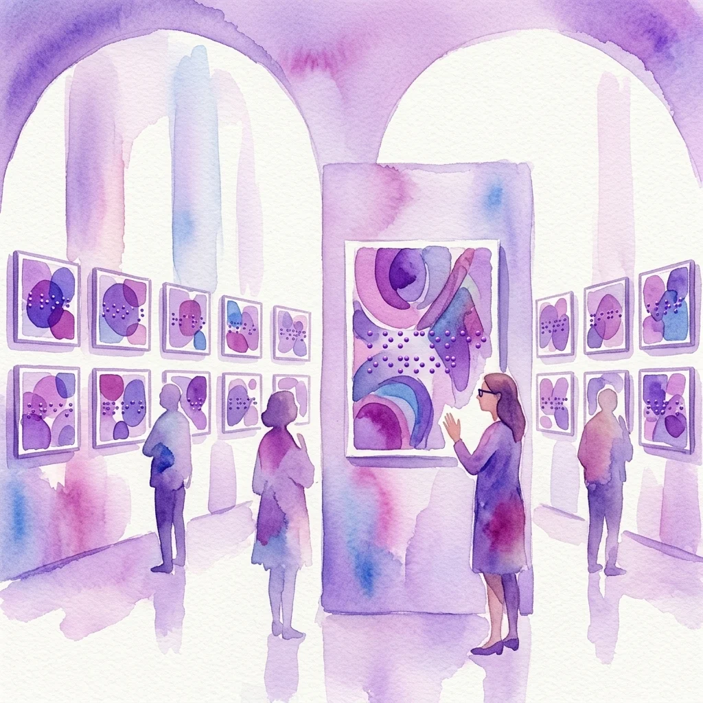 Una ilustración en acuarela de una galería de museo con visitantes observando pinturas abstractas de Pilar Lasierra, con tonos suaves de púrpura y azul y elementos táctiles en las obras de arte.