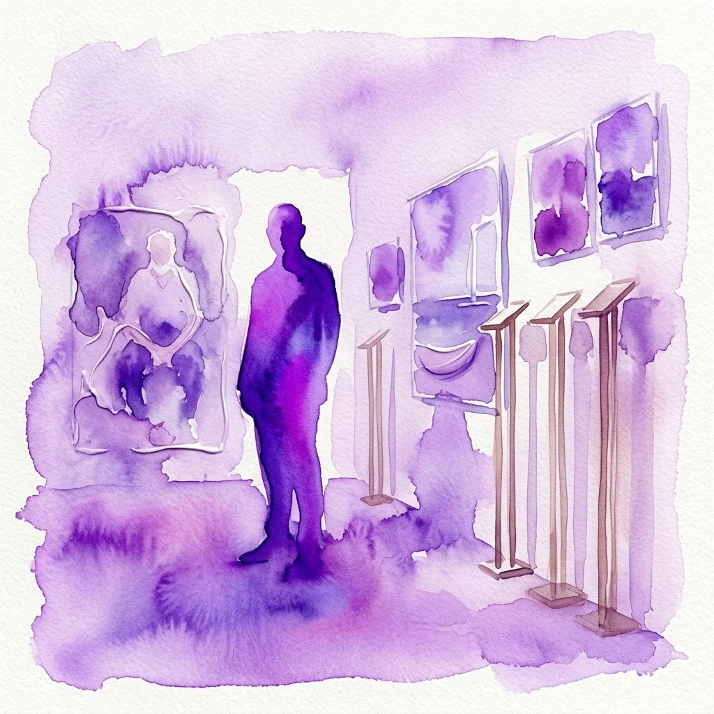 Ilustracja akwarelowa wnętrza galerii sztuki z sylwetką postaci oglądającej obrazy na ścianach, wykonana w odcieniach fioletu i lawendy.