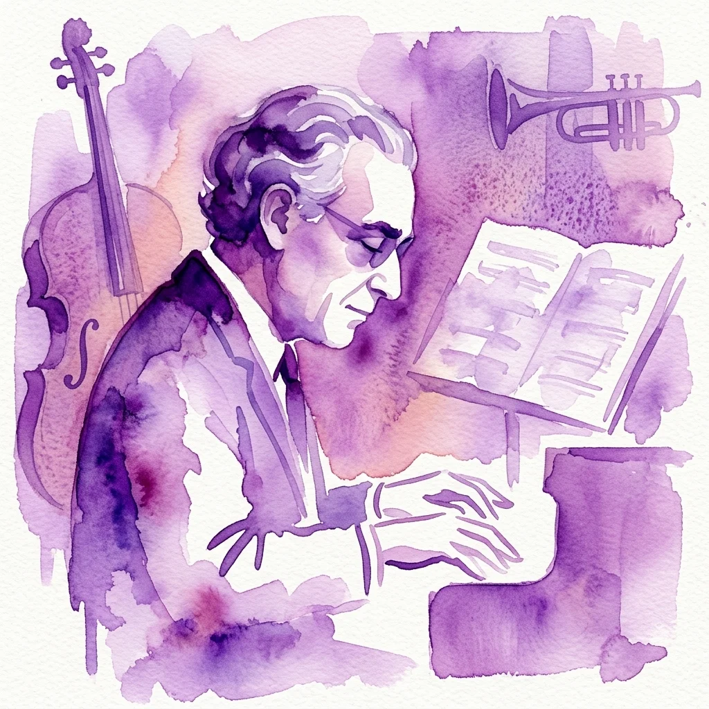 Ilustración en acuarela del compositor Rafael Rodríguez Albert tocando el piano, rodeado de instrumentos musicales y partituras en un estilo artístico teñido de púrpura.