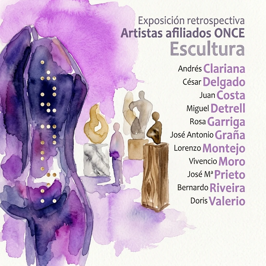 Watercolor illustration of a retrospective exhibition of sculptures by artists affiliated with ONCE, featuring abstract and figurative works in marble, wood, and bronze, with a purple and gold color scheme.