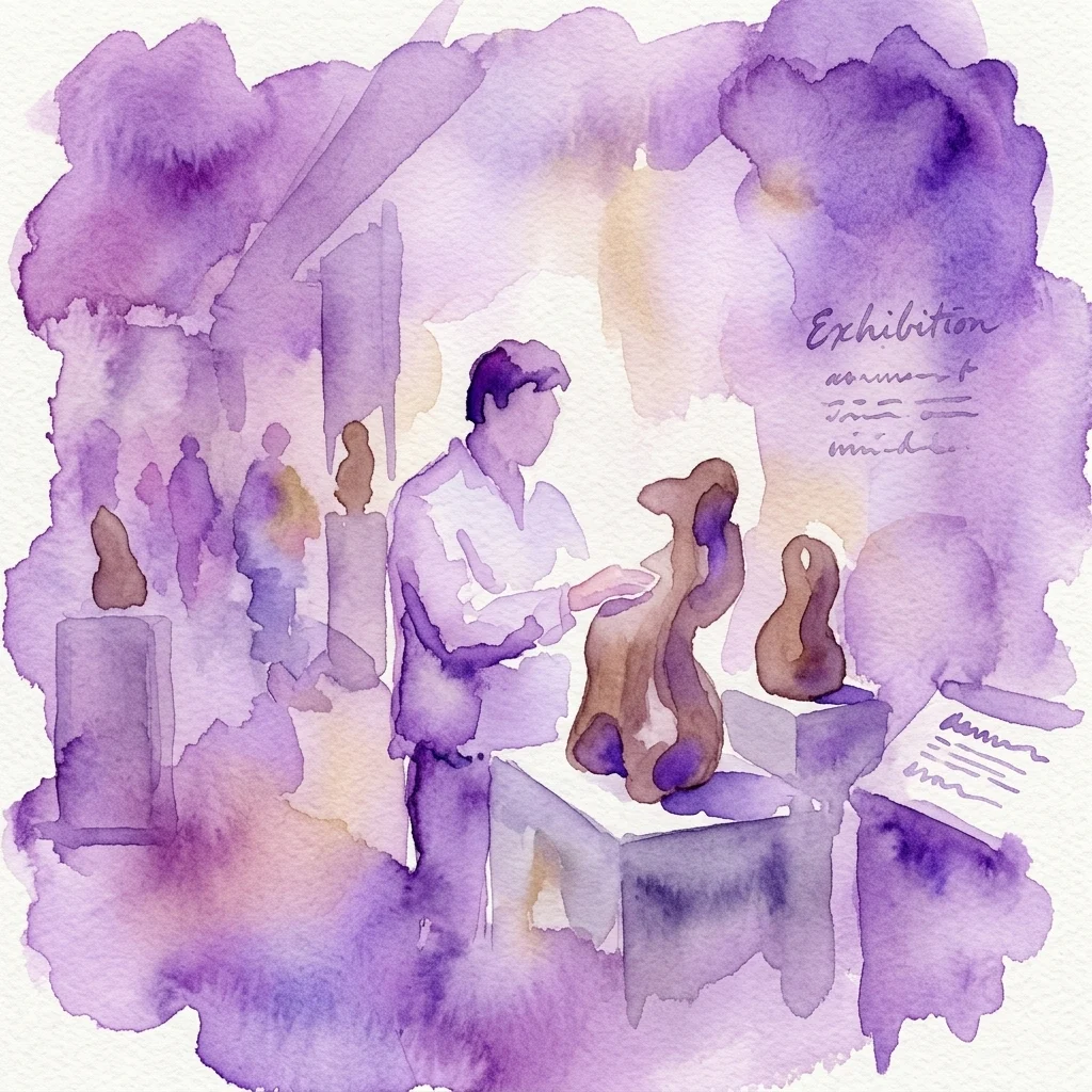 Una ilustración en acuarela de un artista trabajando en una escultura de madera en una exposición de museo, rodeado de otras esculturas y visitantes, con tonos púrpuras y lavanda.