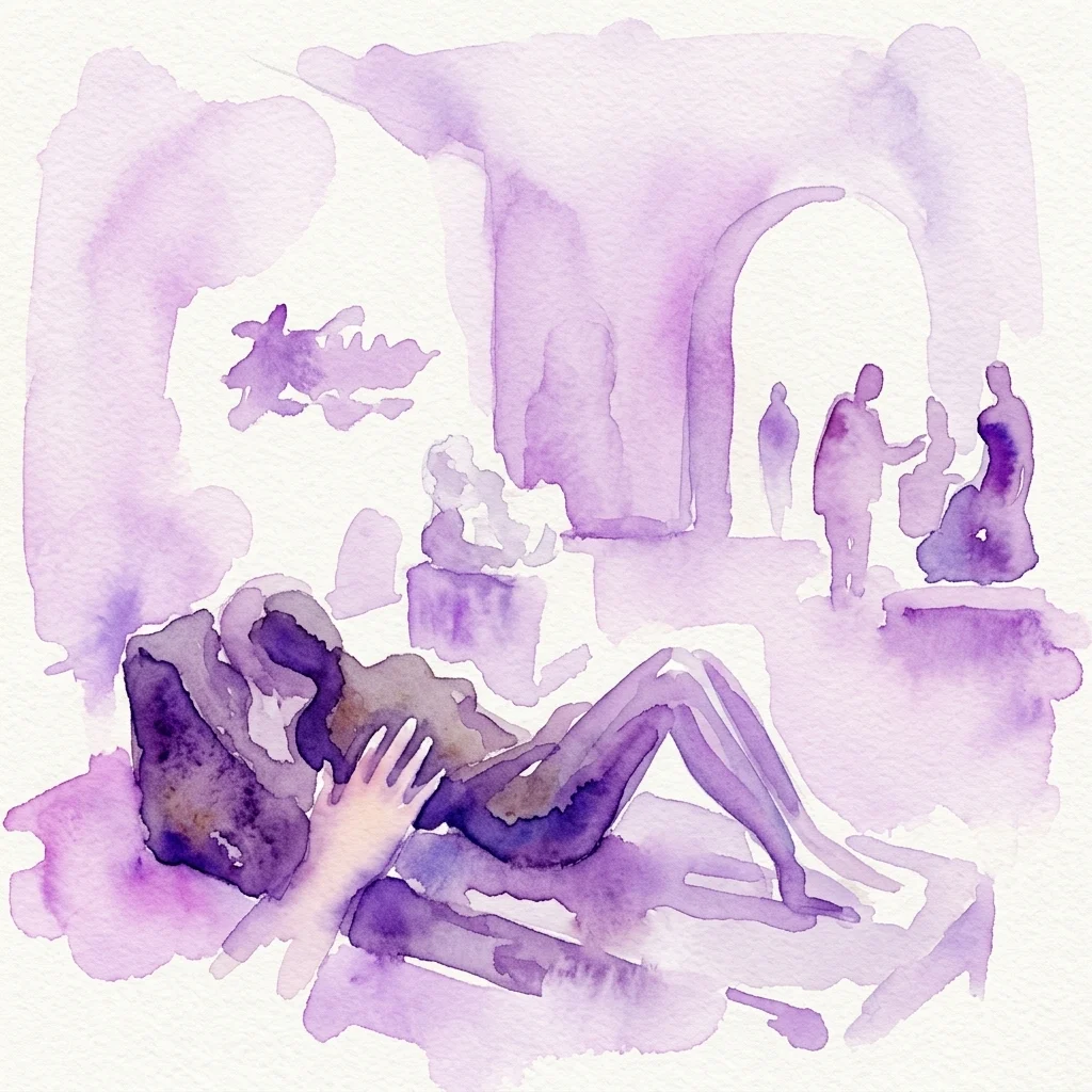 Ilustracja akwarelowa wystawy muzealnej z odwiedzającymi wchodzącymi w interakcję z rzeźbami dotykowymi, utrzymana w odcieniach fioletu.