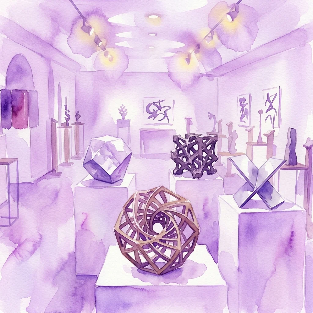 Ilustracja akwarelowa wystawy w galerii sztuki prezentującej abstrakcyjne rzeźby Sary Giménez, w tym geometryczne formy z brązu, marmuru, żelaza i stali nierdzewnej, ustawione na postumentach pod fioletowym oświetleniem.