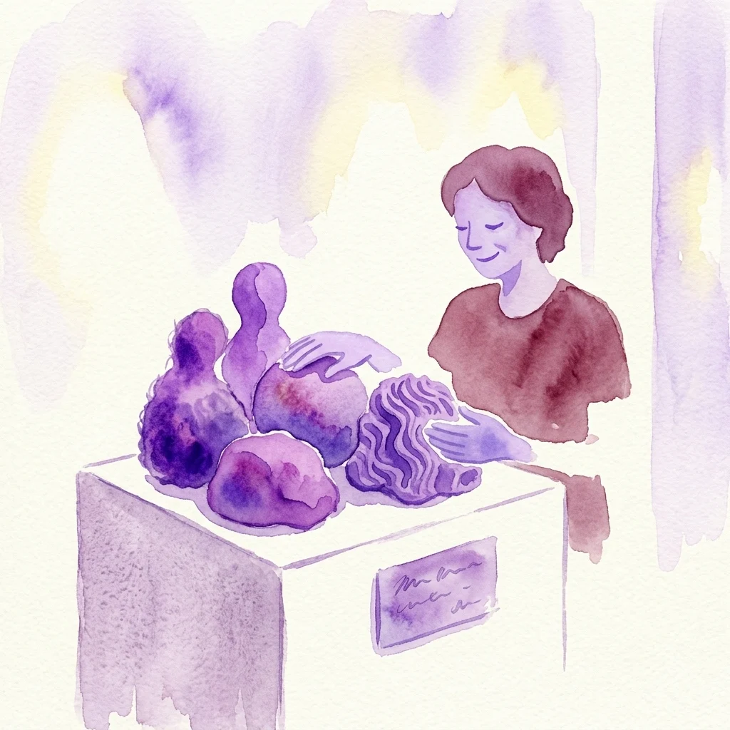 Ilustracja akwarelowa przedstawiająca osobę delikatnie dotykającą eksponowanych rzeźb dotykowych, podkreślająca zmysłowe doświadczenie wystawy „La escultura como signo” autorstwa Soni Cardunets w muzeum.