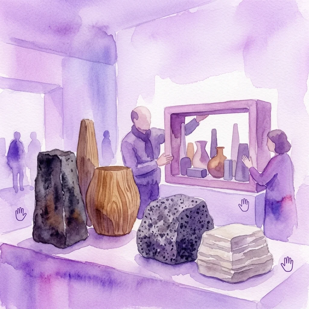 Een aquarelillustratie van een interactieve kunsttentoonstelling met tactiele sculpturen gemaakt van ijzer, hout, graniet en kalksteen, waarbij bezoekers de kunstwerken aanraken in een contemplatieve museumsetting.