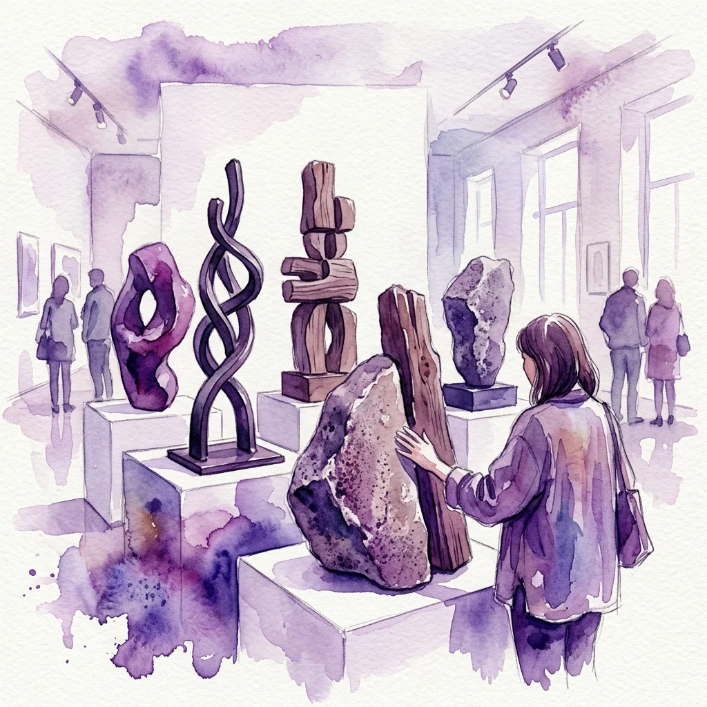 Ilustración en acuarela de una galería de arte que presenta esculturas abstractas de Tomás García Redondo, incluyendo obras en hierro, madera y piedra, con un visitante tocando una escultura, enfatizando la exploración táctil.