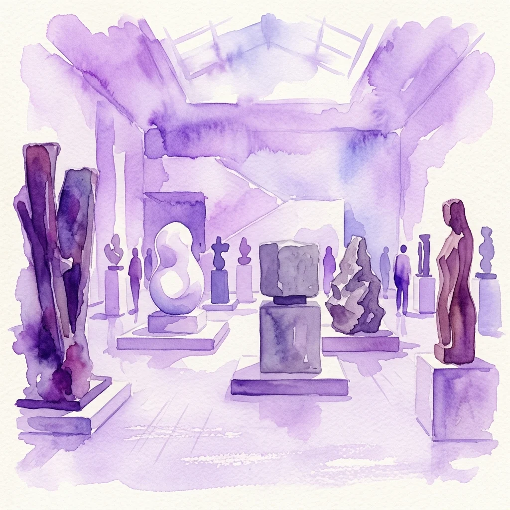 Watercolor illustration of a sculpture exhibition featuring abstract works in various materials, displayed in a museum gallery with purple lighting and visitors observing the art.